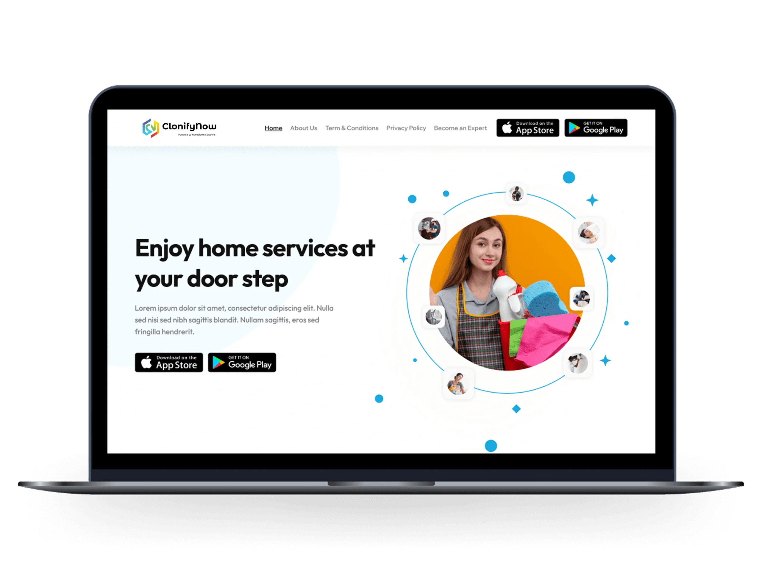 Business platform banner displaying branded website, customer mobile app, admin dashboard, vendor panel, and delivery agent tools.