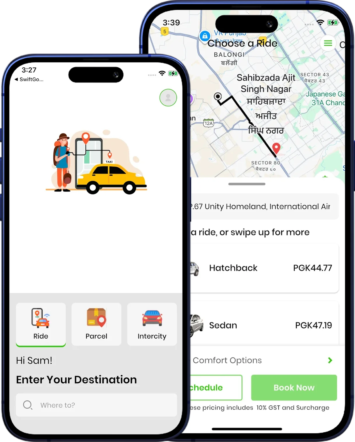 Kalap app banner featuring a ride-booking platform with GPS navigation, trip tracking, and mobile taxi booking functionality.