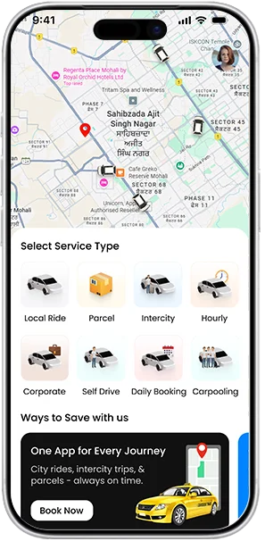ReadyCab App banner promoting a cab booking platform with ride tracking, secure payments, and fast ride-hailing services.