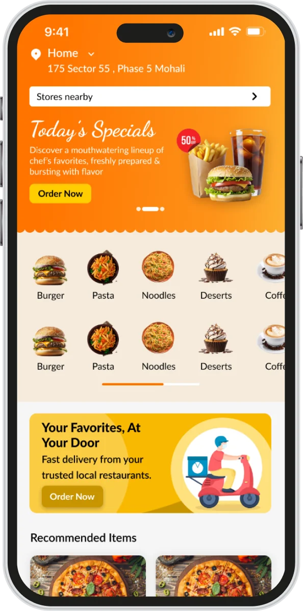 ReadyDelivery App banner showing a food ordering and delivery platform with order tracking, restaurant menus, and admin control.