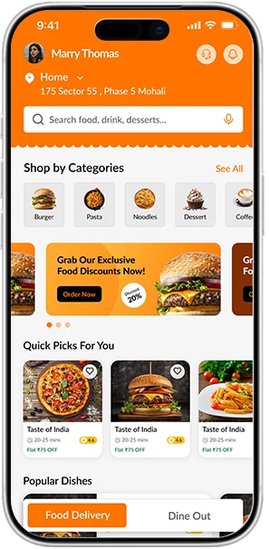 ReadyEat App banner showcasing a food delivery service with fast doorstep delivery, online ordering, and great dining service.