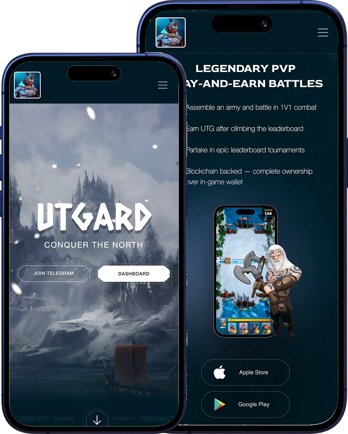 Utgard gaming app banner showcasing a mobile battle game with player login, multiplayer features, and interactive gameplay screens.